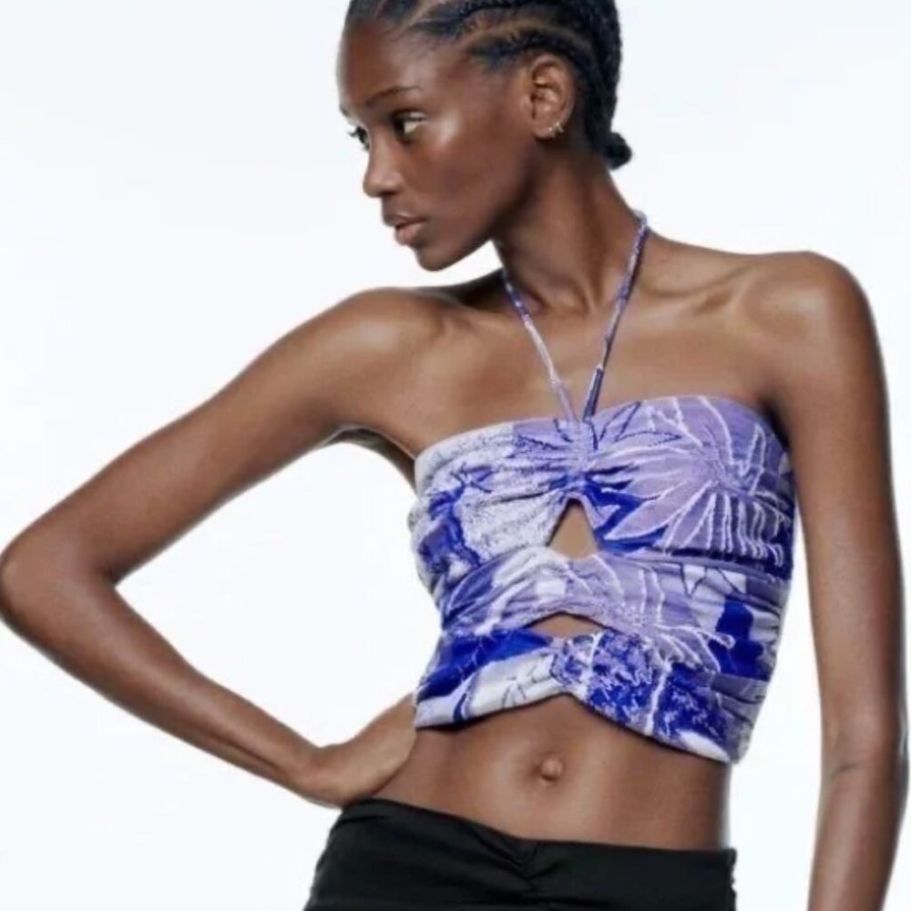 Zara jacquard crop halter top with cut out detail